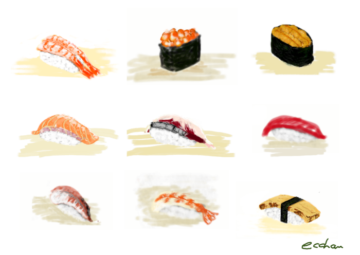 寿司の絵を並べて 眺めてみると 寿司９貫のデジタル絵 54東 えっちゃん